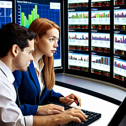 Home 19 **Analyzing the Stock Market:** A diverse group of data analysts collaboratively working on financial charts and data visualizations, identifying patterns and trends in the stock market, with prominent displays of financial websites and news sources.