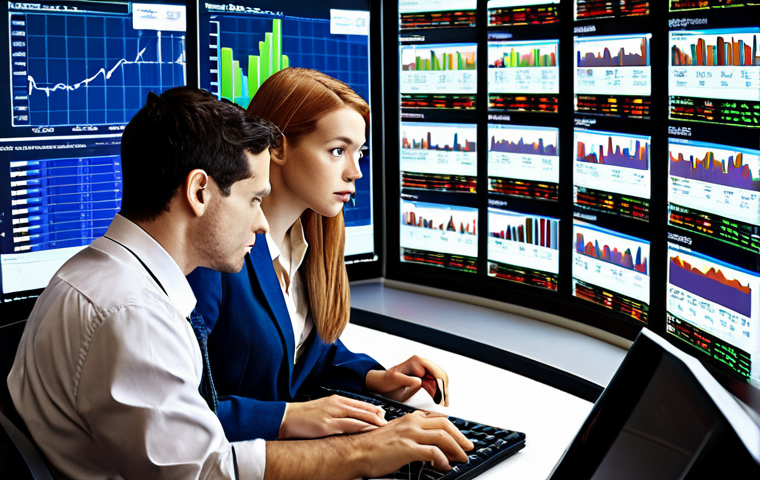 **Analyzing the Stock Market:** A diverse group of data analysts collaboratively working on financial charts and data visualizations, identifying patterns and trends in the stock market, with prominent displays of financial websites and news sources.
