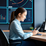 A confident professional, fully clothed in a modest business casual outfit, sitting at a clean, minimalist desk. They are intently focused on a holographic display or an advanced tablet, which shows abstract data visualizations and digital learning interfaces. The background is a blurred, modern office or a quiet co-working space, featuring soft, ambient lighting and futuristic design elements. The overall scene conveys intelligence, adaptability, and the spirit of lifelong learning. Perfect anatomy, correct proportions, natural pose, well-formed hands, proper finger count, natural body proportions, professional photography, high quality, sharp focus, safe for work, appropriate content, fully clothed, modest clothing, professional, family-friendly.