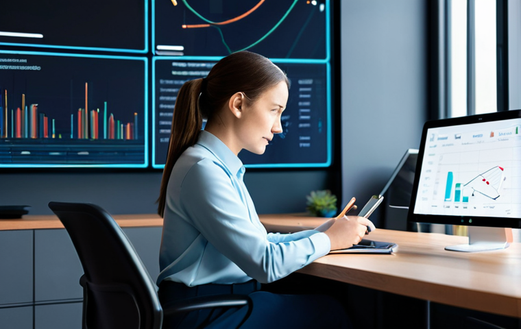 A confident professional, fully clothed in a modest business casual outfit, sitting at a clean, minimalist desk. They are intently focused on a holographic display or an advanced tablet, which shows abstract data visualizations and digital learning interfaces. The background is a blurred, modern office or a quiet co-working space, featuring soft, ambient lighting and futuristic design elements. The overall scene conveys intelligence, adaptability, and the spirit of lifelong learning. Perfect anatomy, correct proportions, natural pose, well-formed hands, proper finger count, natural body proportions, professional photography, high quality, sharp focus, safe for work, appropriate content, fully clothed, modest clothing, professional, family-friendly.
