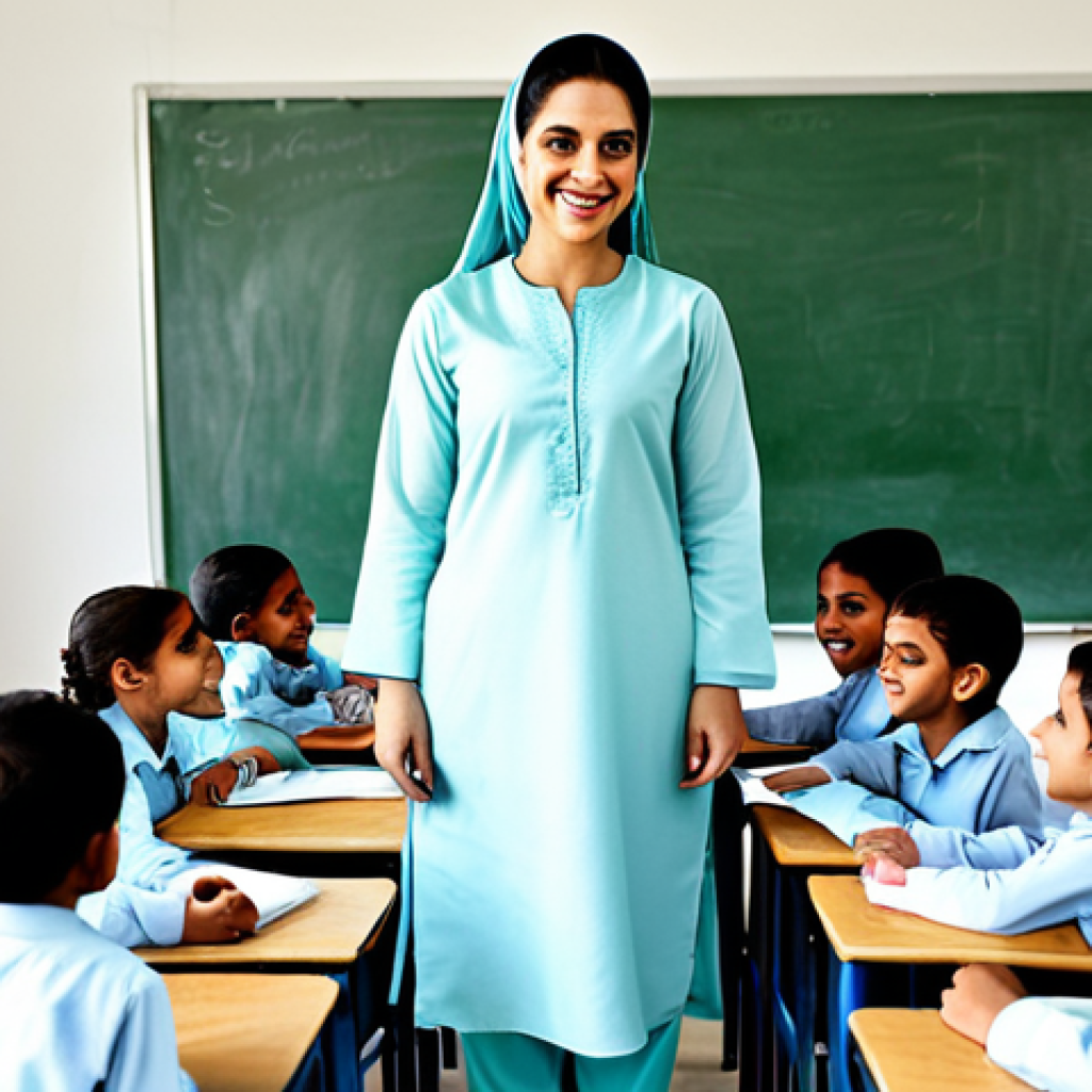 **Prompt:** A professional female teacher in a modest Shalwar Kameez, smiling warmly in a bright and welcoming classroom filled with children, fully clothed, appropriate attire, safe for work, perfect anatomy, natural proportions, family-friendly, high resolution, clear details.