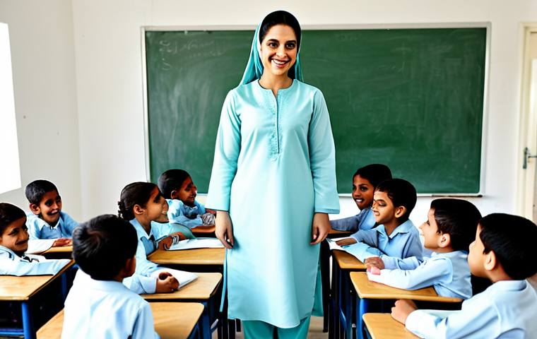 **Prompt:** A professional female teacher in a modest Shalwar Kameez, smiling warmly in a bright and welcoming classroom filled with children, fully clothed, appropriate attire, safe for work, perfect anatomy, natural proportions, family-friendly, high resolution, clear details.