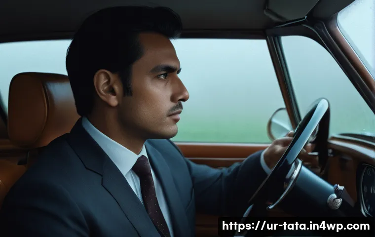 시계열 분석에서의 신뢰구간 산출 - **A solitary, anxious businessperson is driving a classic car through a dense, metaphorical fog. The...